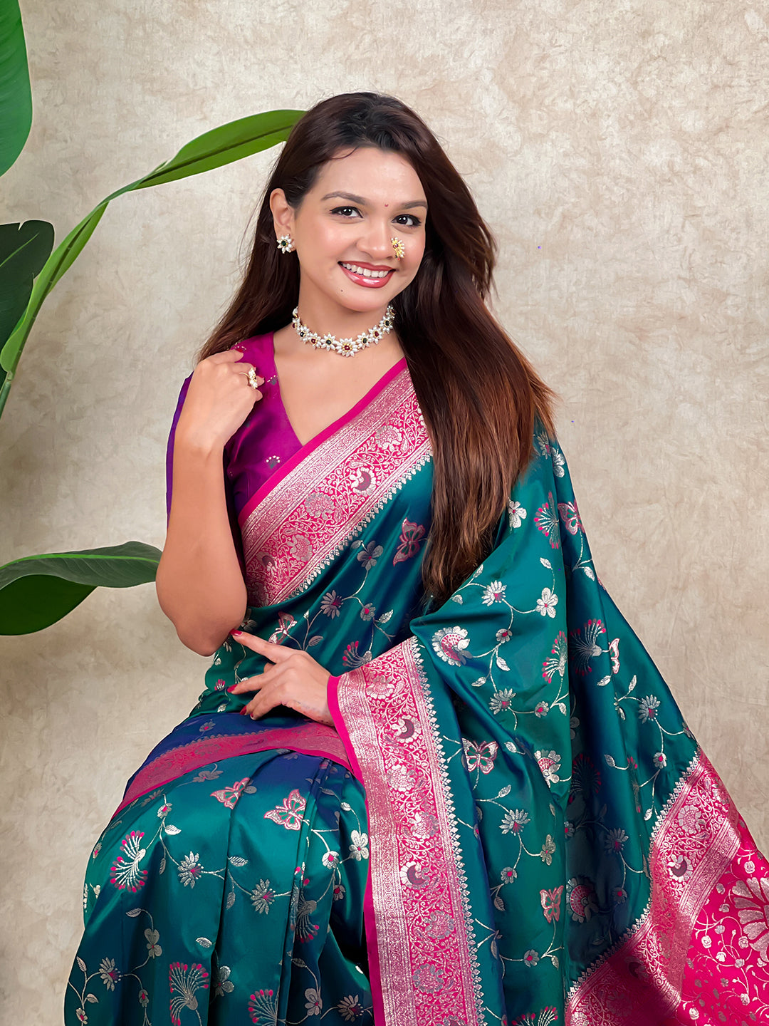 Green banarasi jaal zari woven silk saree