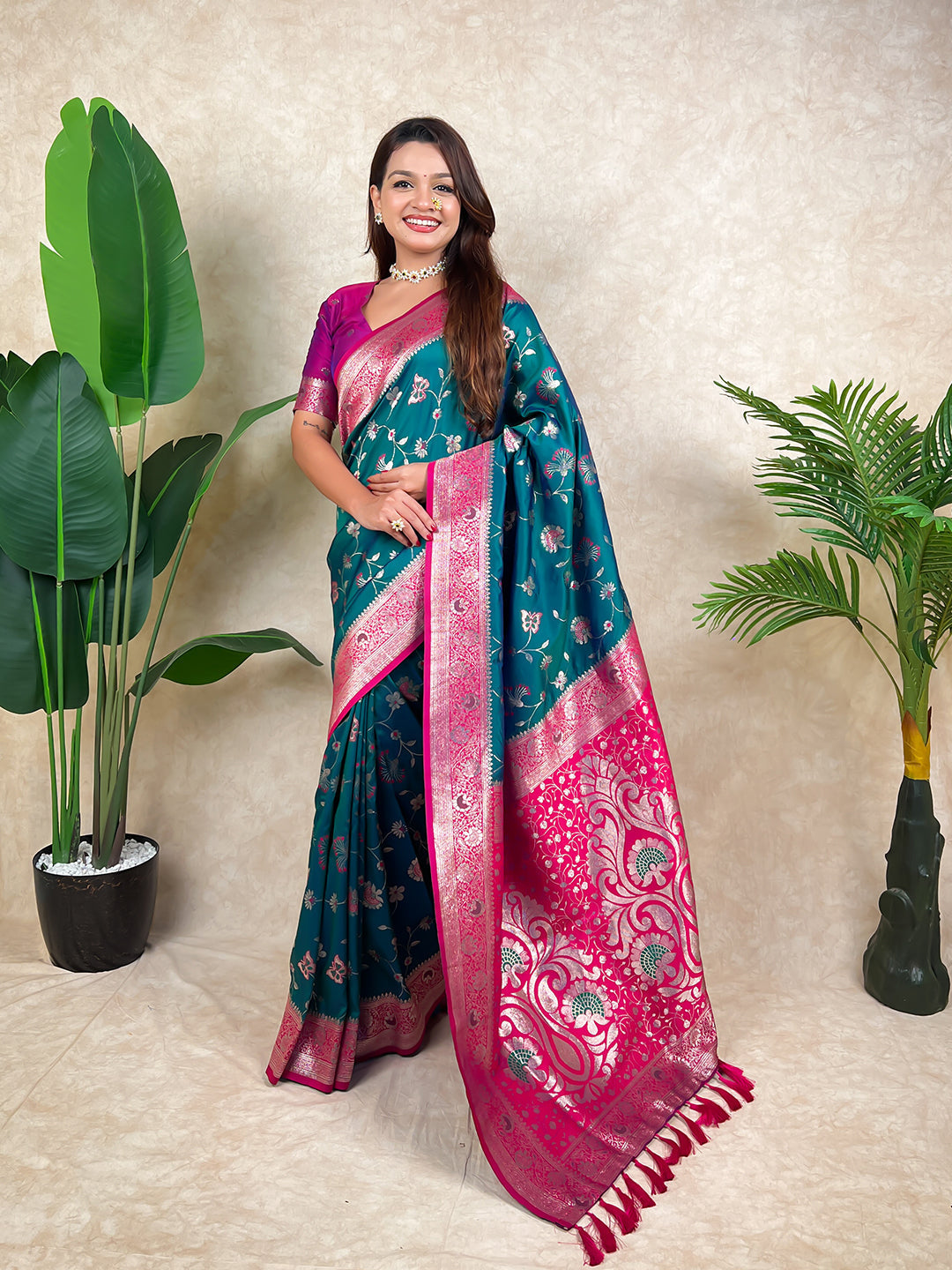 Green banarasi jaal zari woven silk saree
