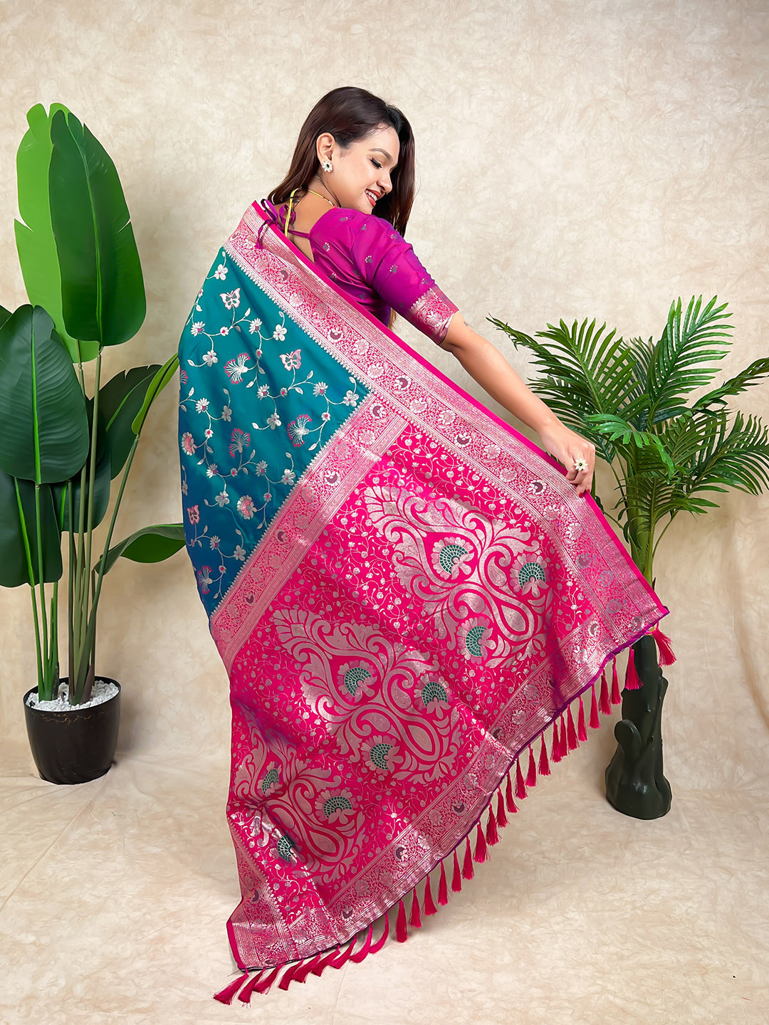 Green banarasi jaal zari woven silk saree