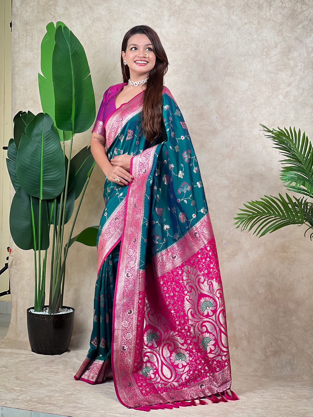 Green banarasi jaal zari woven silk saree