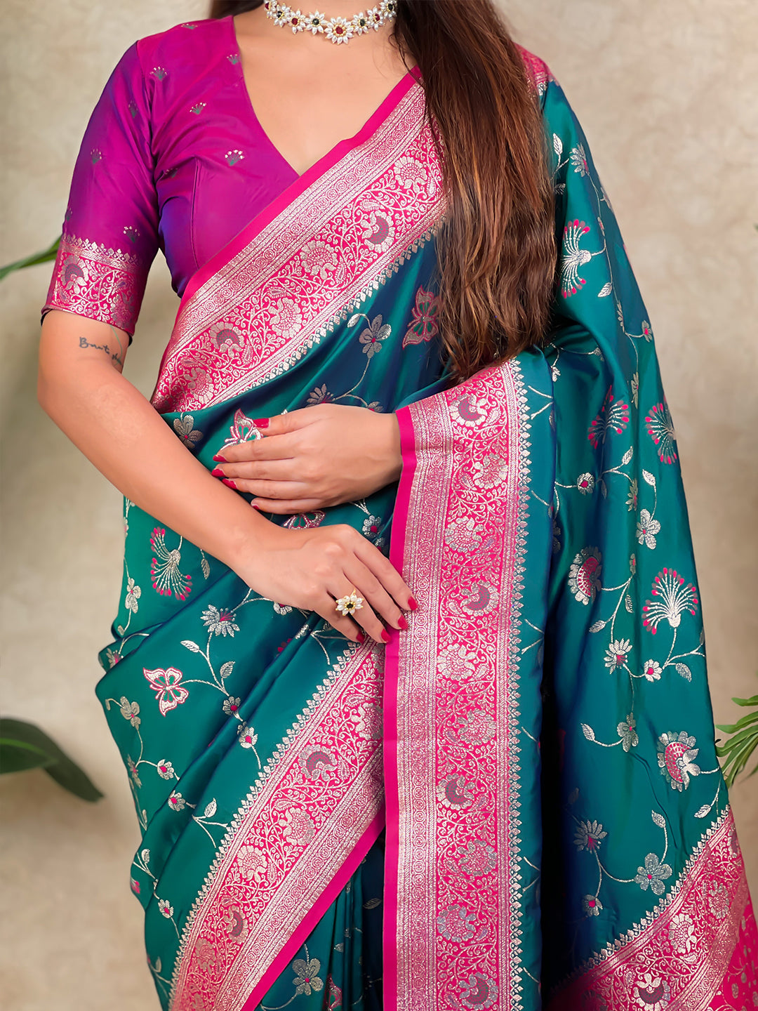 Green banarasi jaal zari woven silk saree