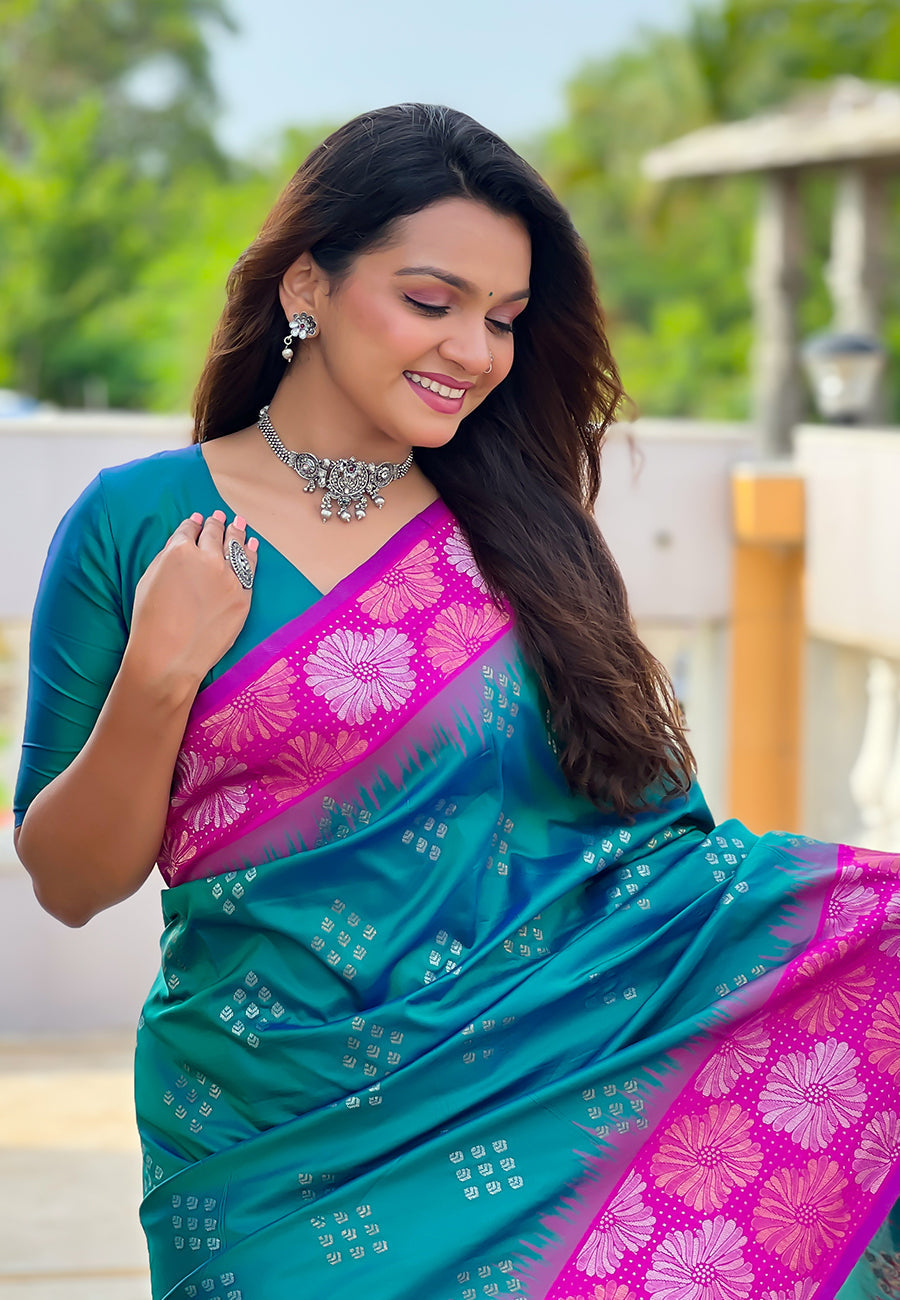 Green with pink soft silk floral border contrast zari woven saree