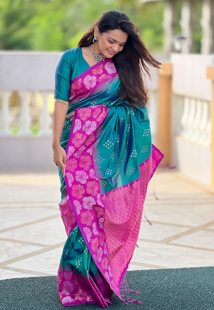 Green with pink soft silk floral border contrast zari woven saree