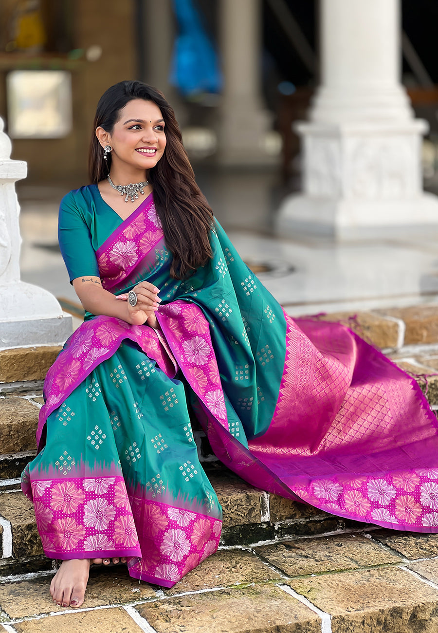 Green with pink soft silk floral border contrast zari woven saree