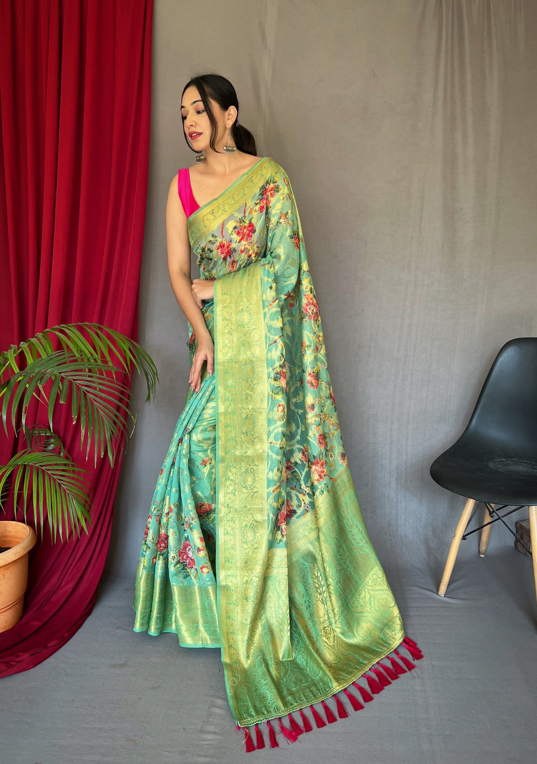 Mist Green Saree in Kora Muslin Silk Floral Print