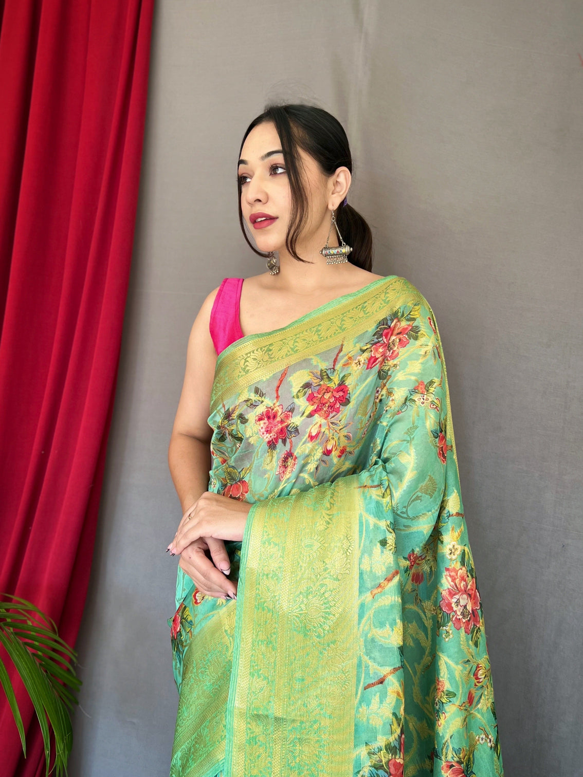 Mist Green Saree in Kora Muslin Silk Floral Print