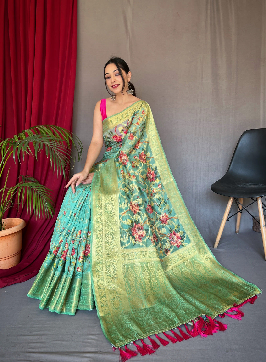 Mist Green Saree in Kora Muslin Silk Floral Print