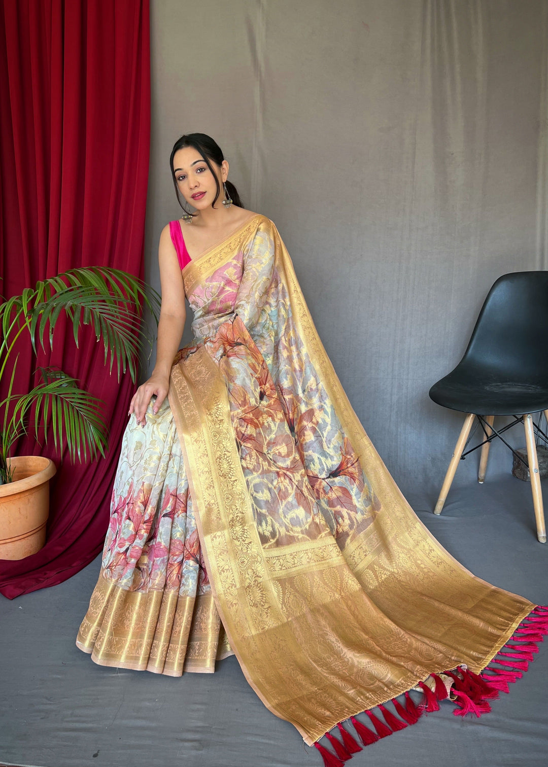 White Red Saree in Kora Muslin Silk Floral Print