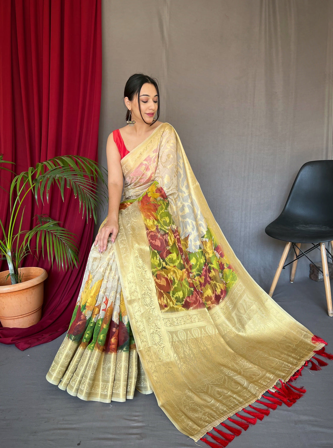 White Maple Saree in Anokhi Kora Muslin Silk Floral Print