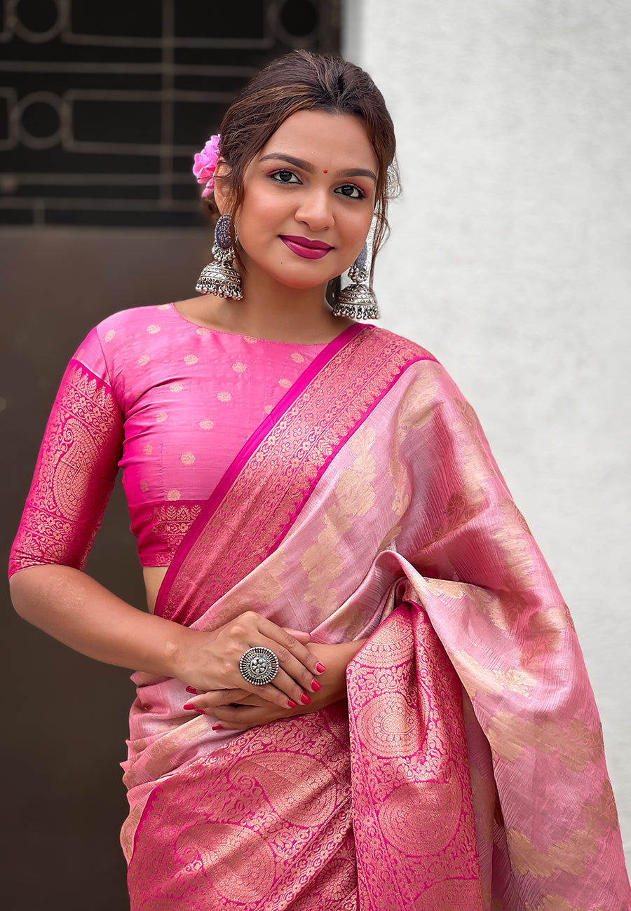 Baby pink kanjivaram soft tissue silk leheriya traditional zari woven saree