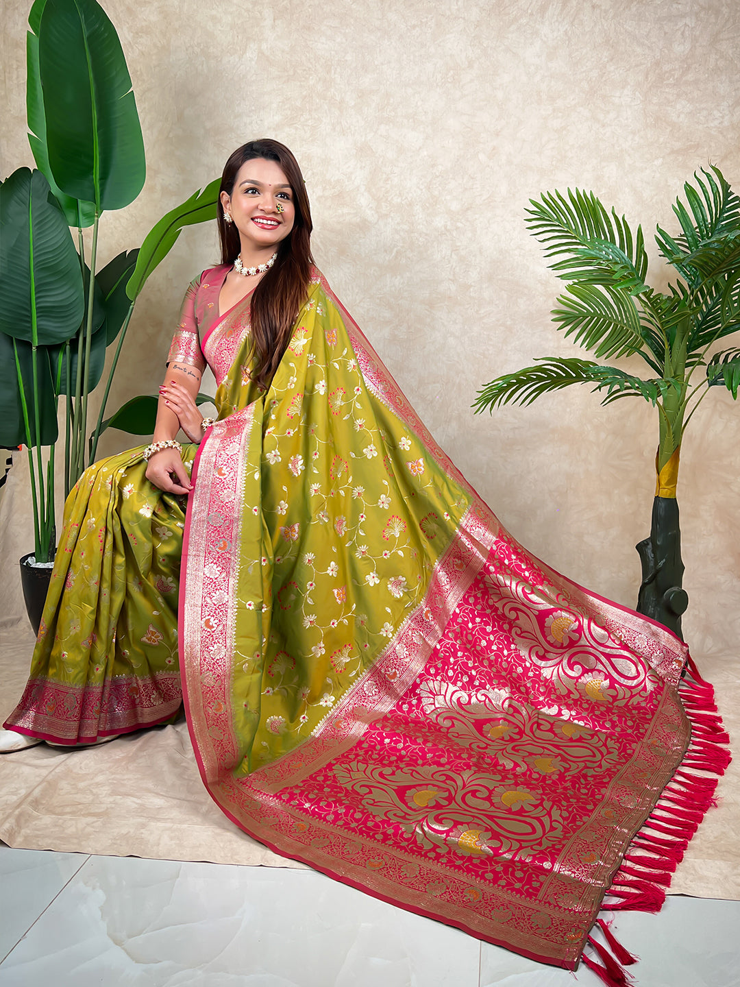 Mehendi green banarasi jaal zari woven silk saree