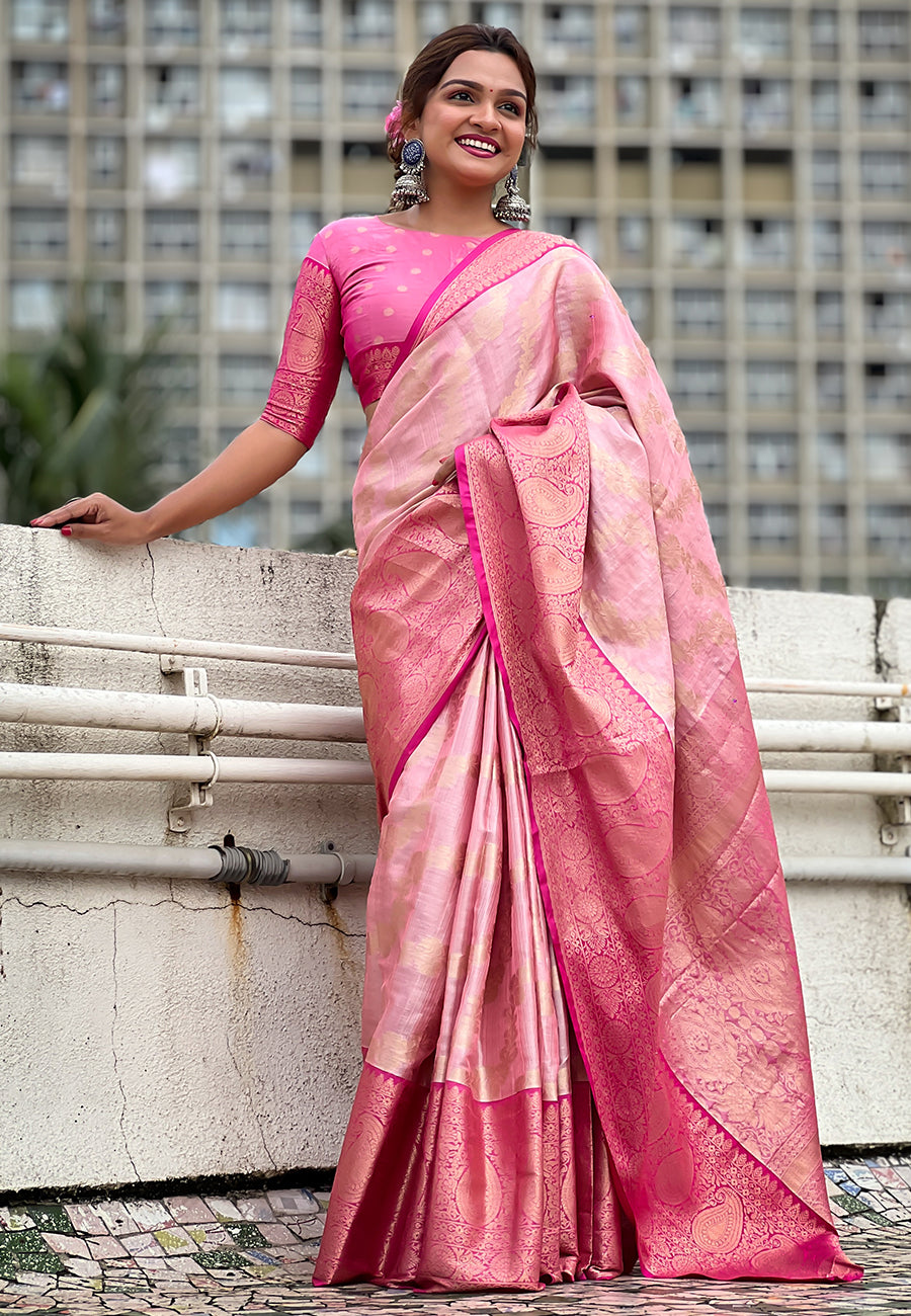 Baby pink kanjivaram soft tissue silk leheriya traditional zari woven saree
