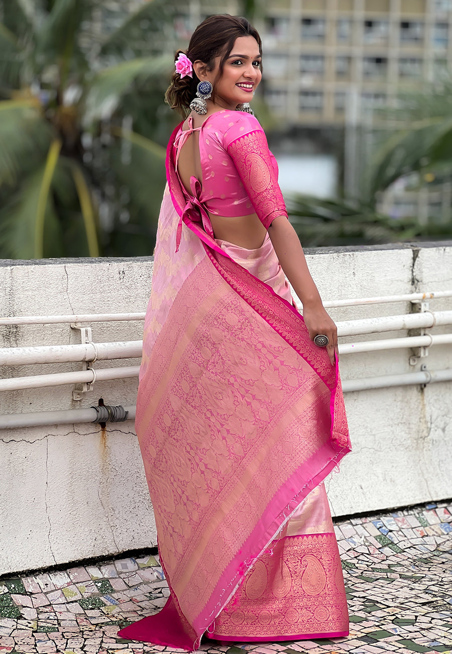 Baby pink kanjivaram soft tissue silk leheriya traditional zari woven saree