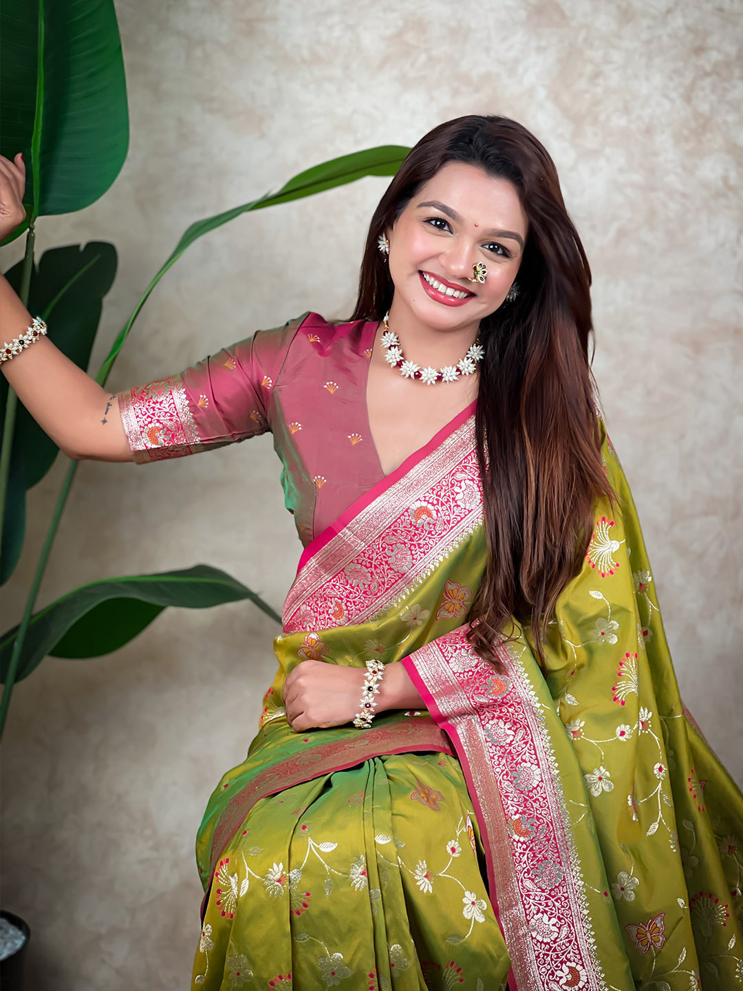 Mehendi green banarasi jaal zari woven silk saree