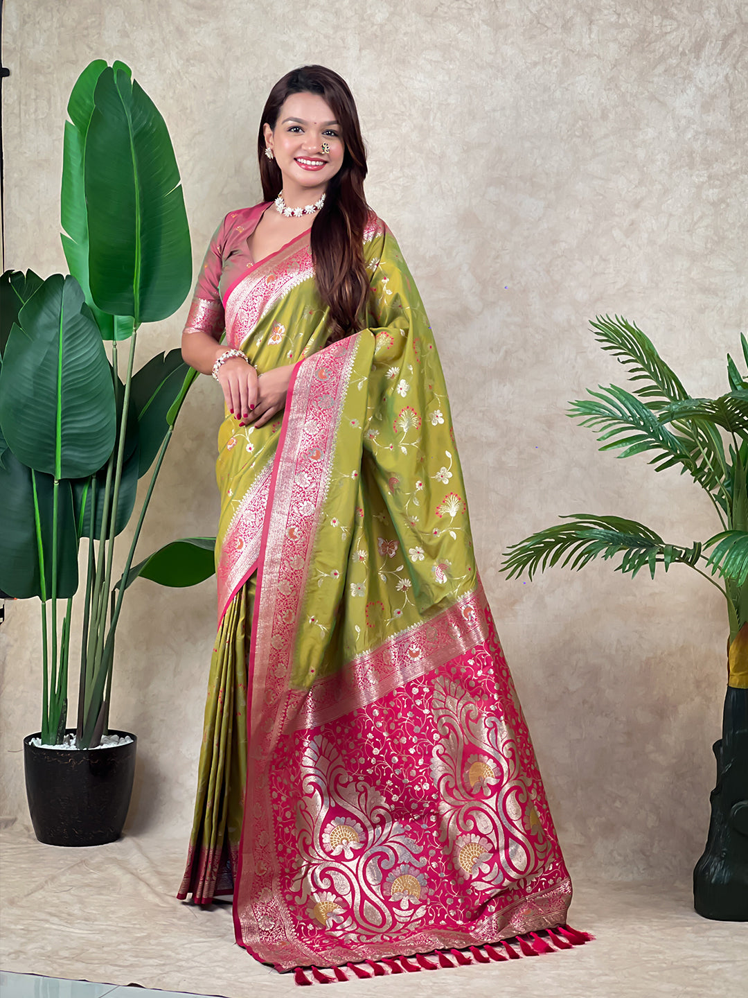 Mehendi green banarasi jaal zari woven silk saree