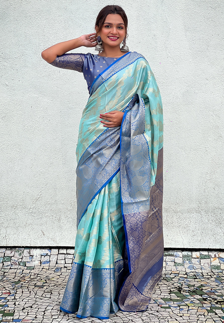 Blue kanjivaram soft tissue silk leheriya traditional zari woven saree