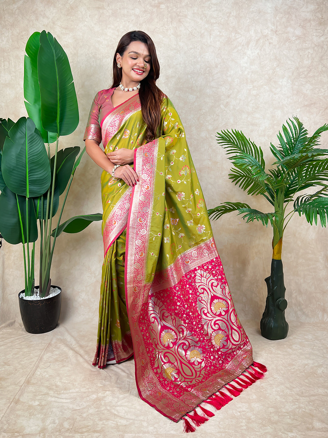 Mehendi green banarasi jaal zari woven silk saree