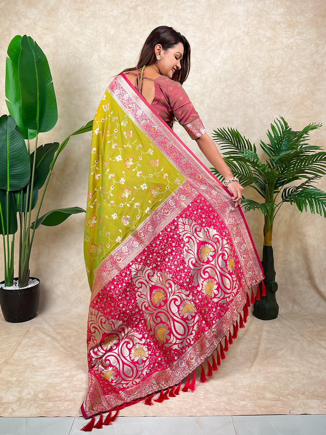 Mehendi green banarasi jaal zari woven silk saree