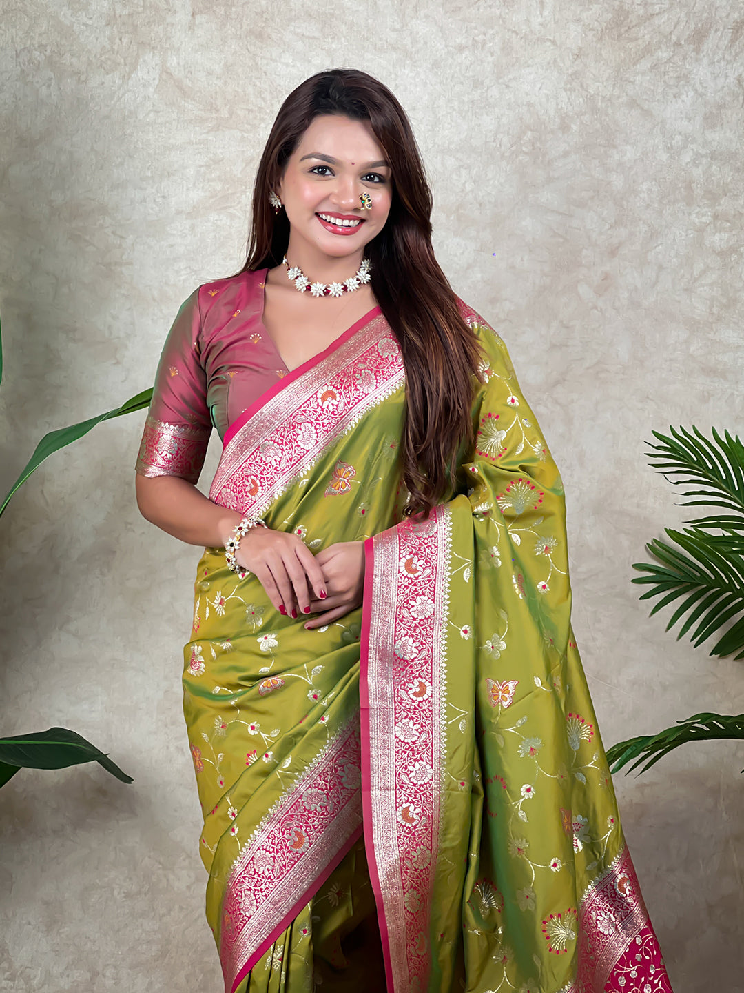 Mehendi green banarasi jaal zari woven silk saree