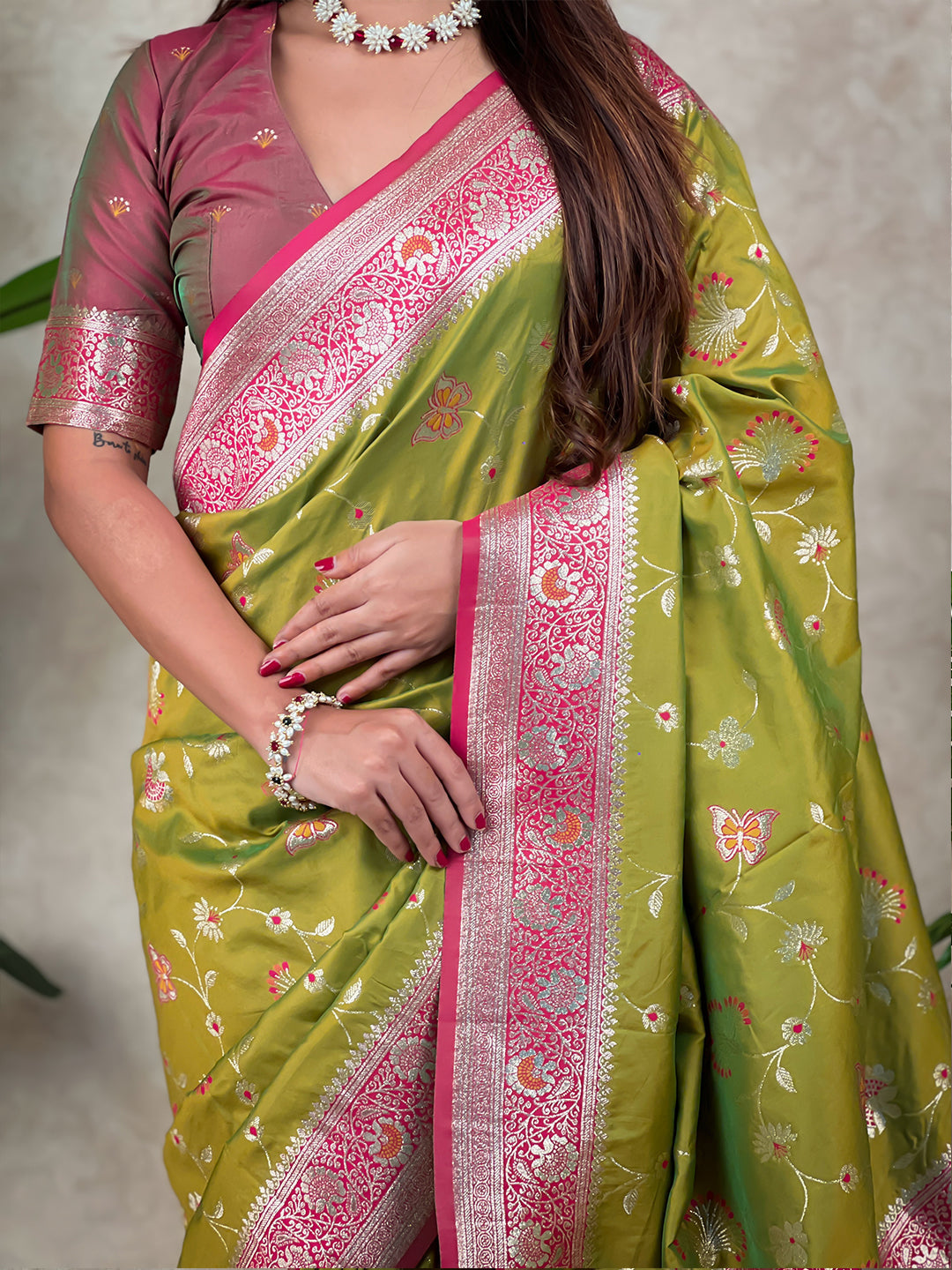Mehendi green banarasi jaal zari woven silk saree