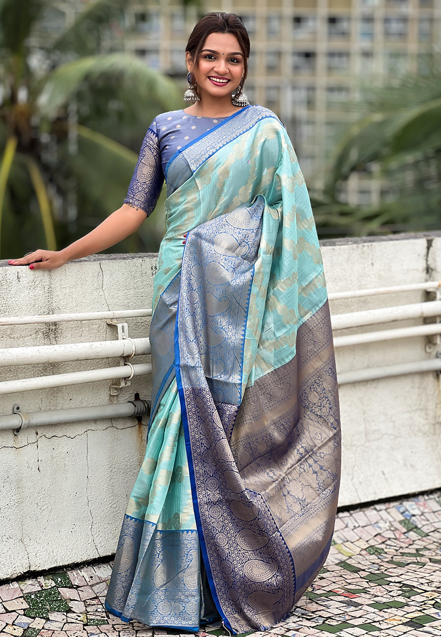 Blue kanjivaram soft tissue silk leheriya traditional zari woven saree