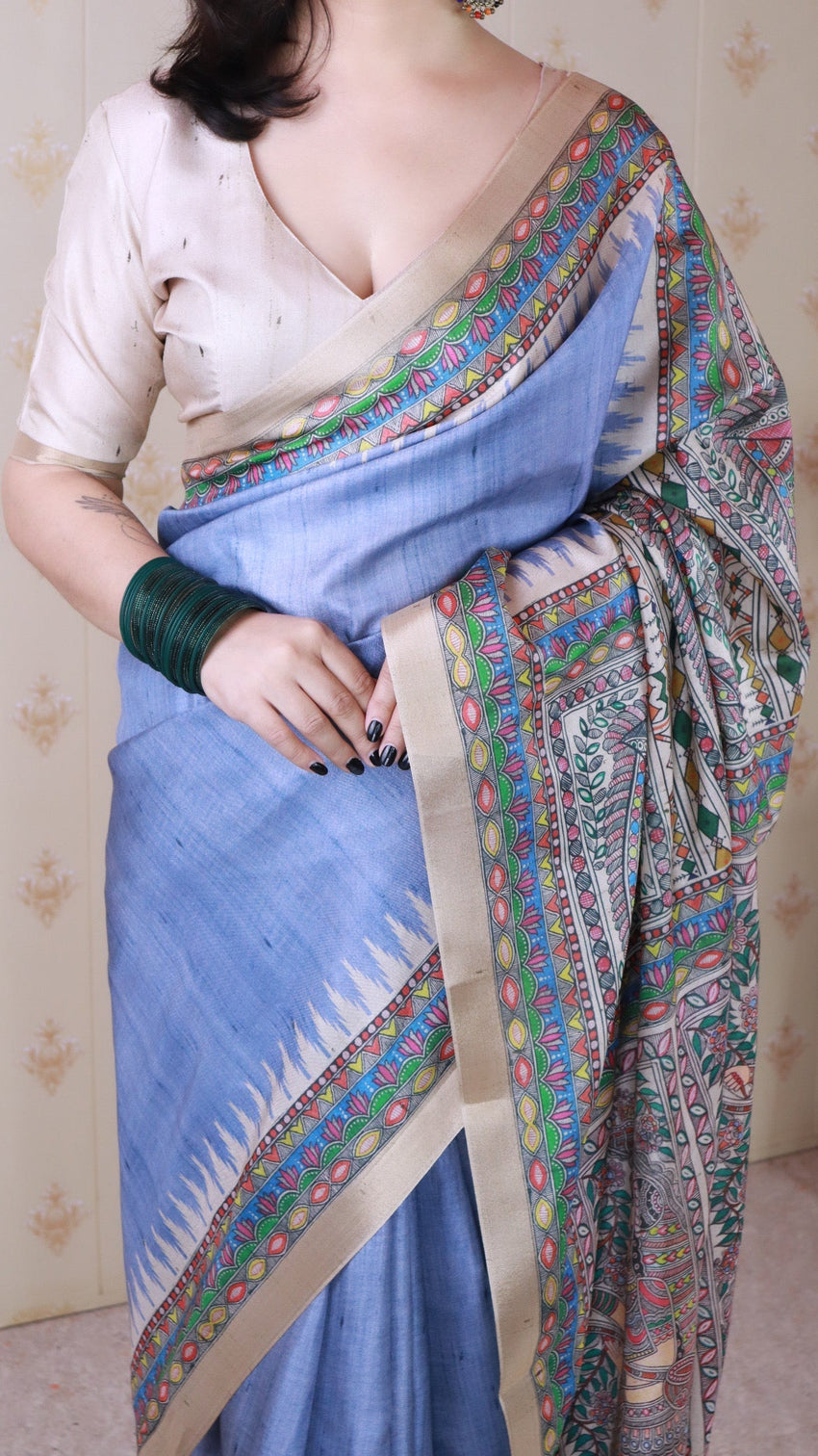 Dusty grey tussar silk madhubani printed saree with zari woven border