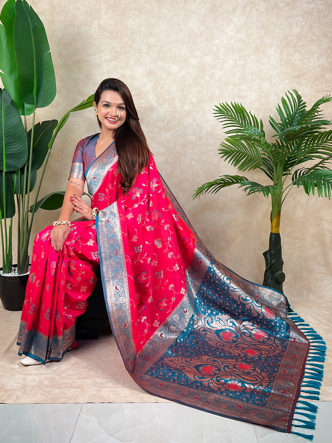 Pink banarasi jaal zari woven silk saree