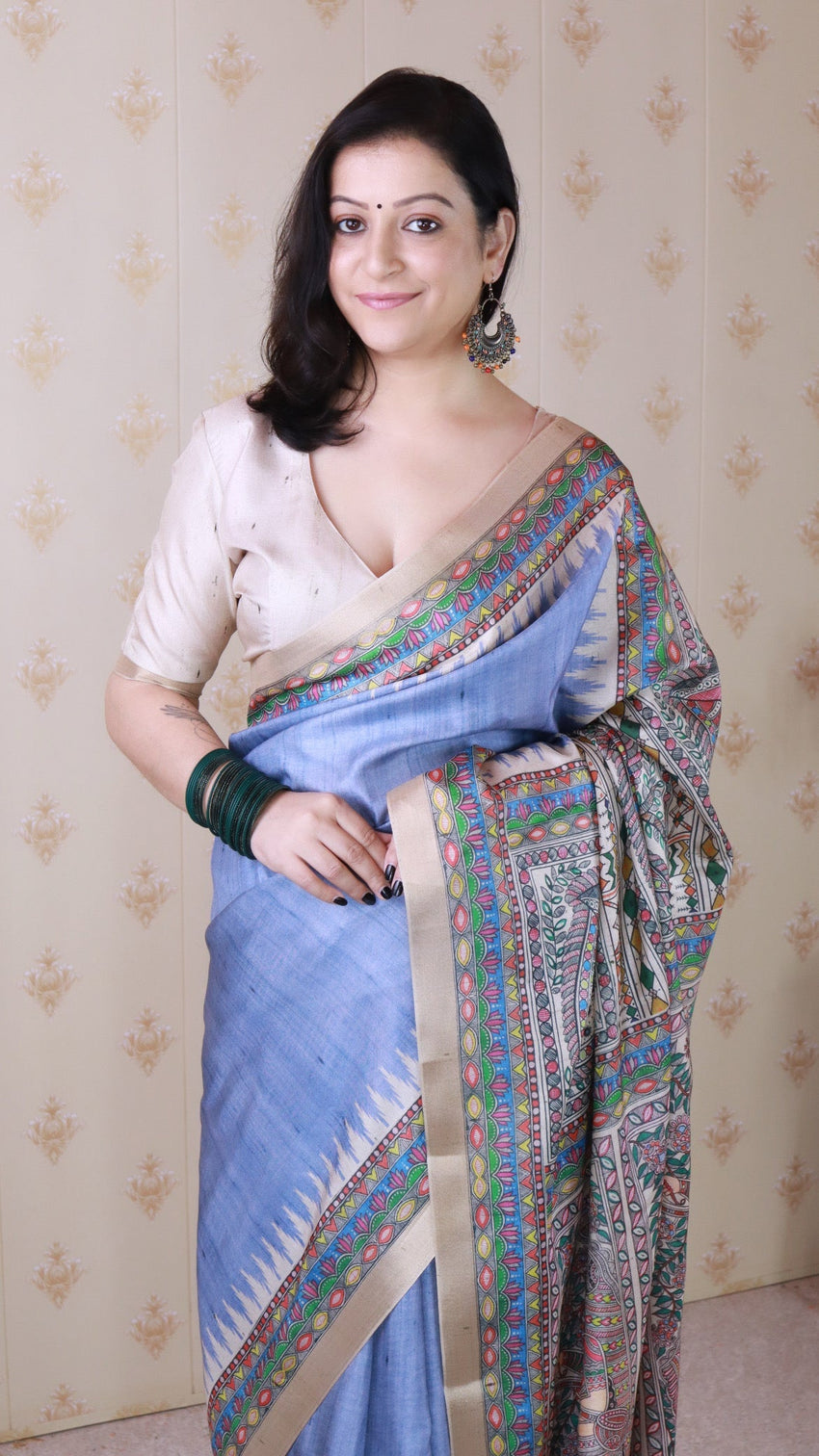 Dusty grey tussar silk madhubani printed saree with zari woven border