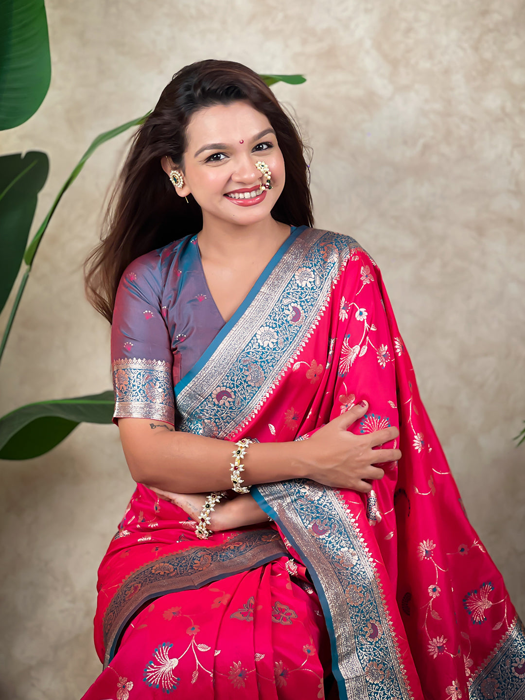 Pink banarasi jaal zari woven silk saree