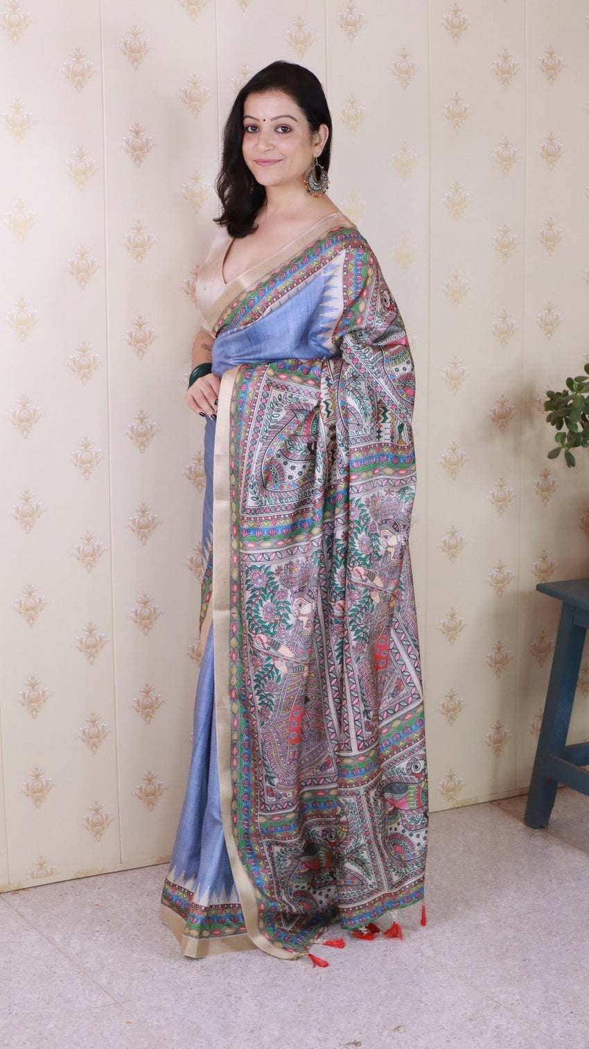 Dusty grey tussar silk madhubani printed saree with zari woven border