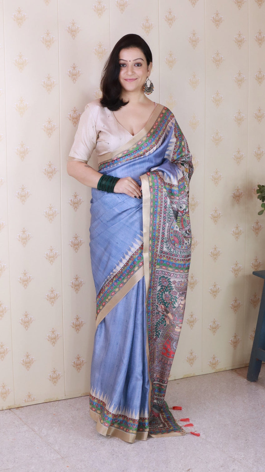 Dusty grey tussar silk madhubani printed saree with zari woven border