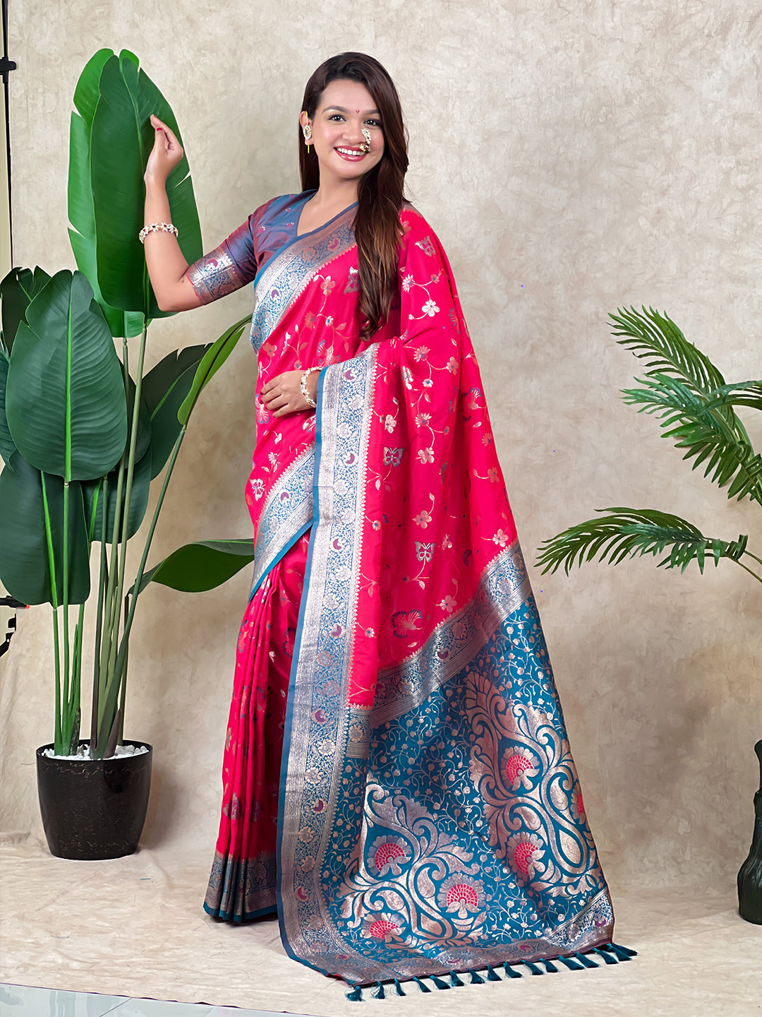Pink banarasi jaal zari woven silk saree