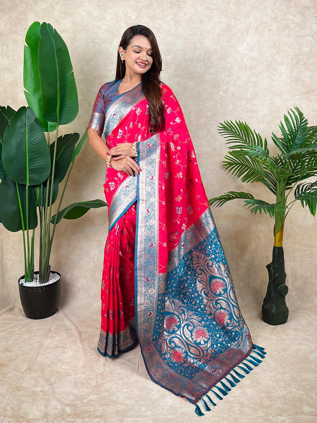Pink banarasi jaal zari woven silk saree