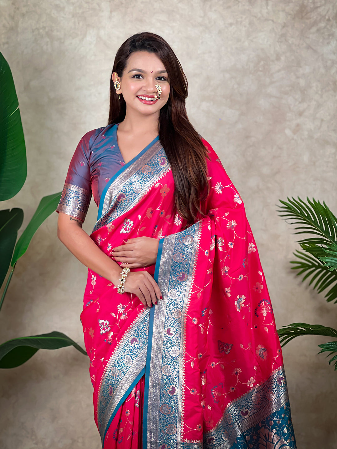 Pink banarasi jaal zari woven silk saree