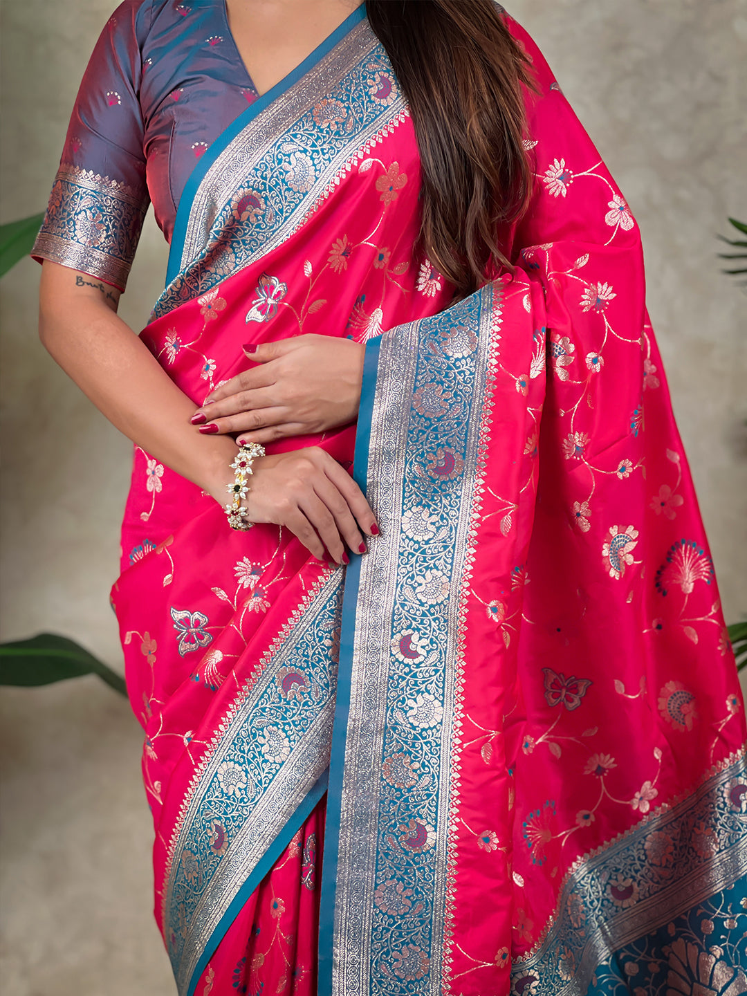 Pink banarasi jaal zari woven silk saree