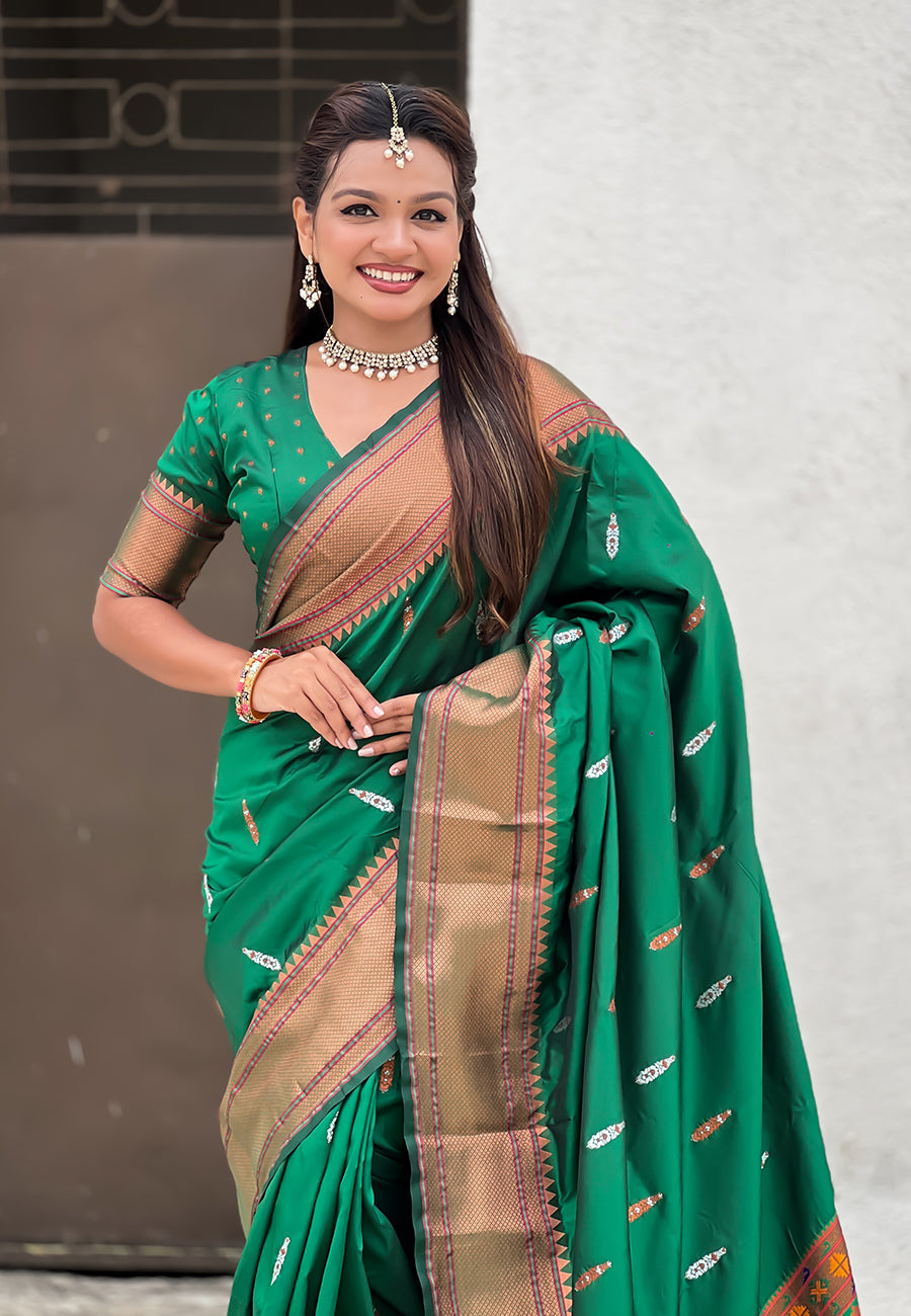 Green dual zari woven yeola traditional paithani silk saree