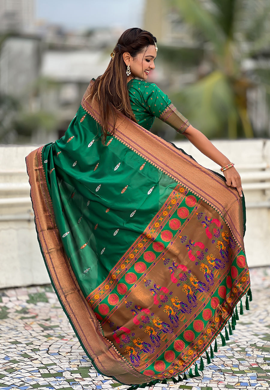 Green dual zari woven yeola traditional paithani silk saree