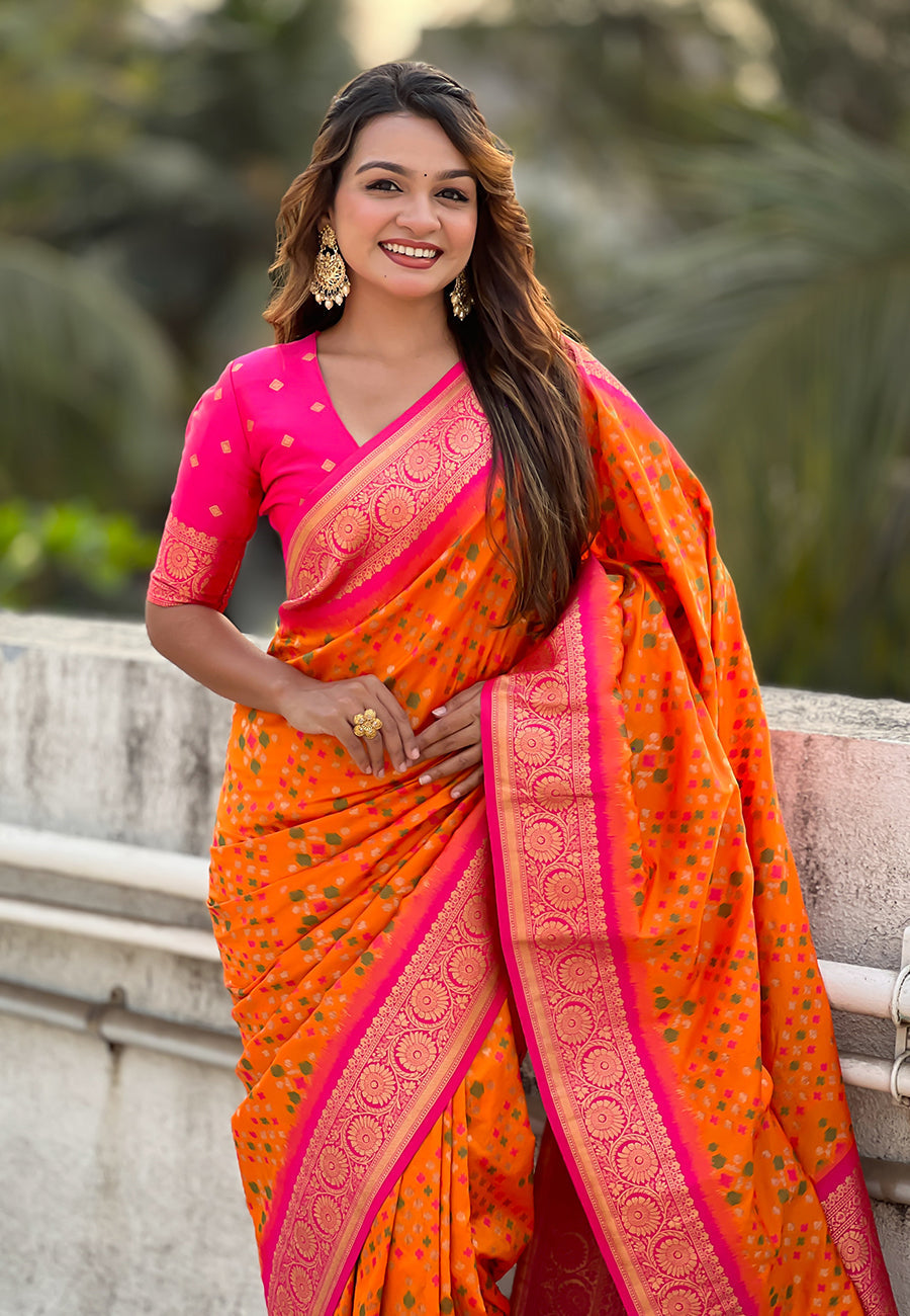 Orange soft silk zari woven premium patola saree with contrast weaves