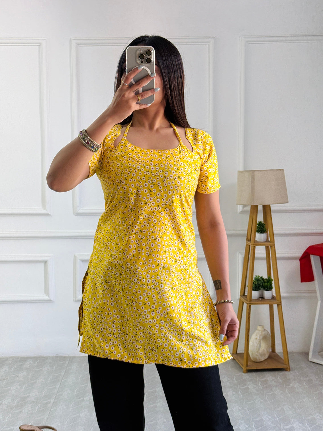 Yellow ditsy floral kurti with adjustable lace up back mameraa