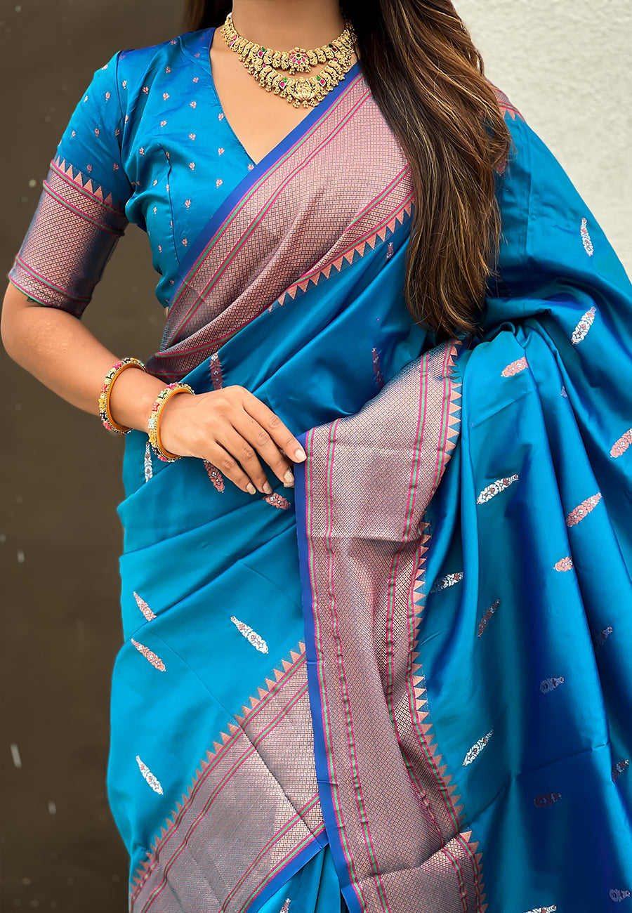 Blue dual zari woven yeola traditional paithani silk saree