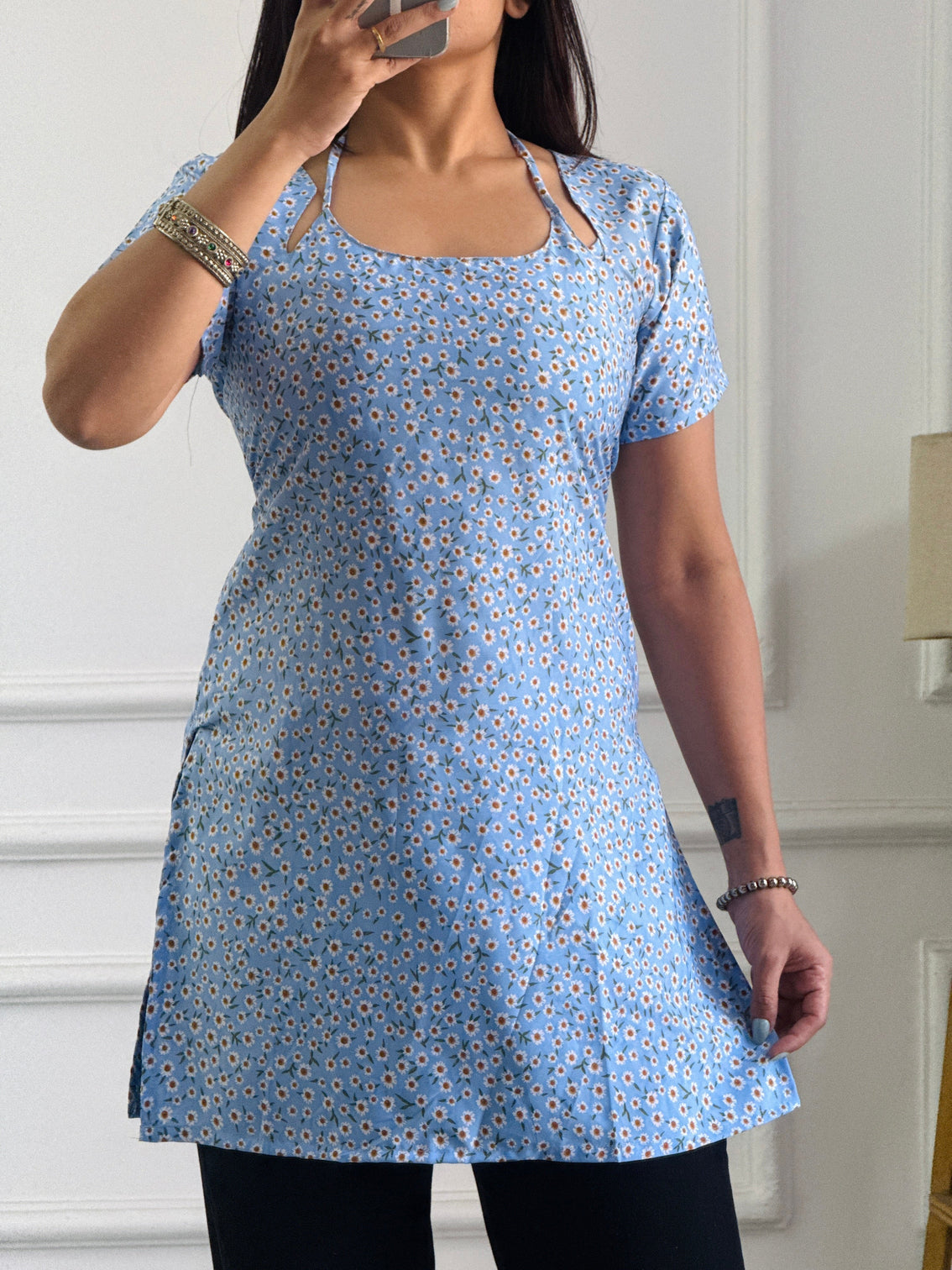 Soft blue ditsy floral multi wear tunic adjustable fit mameraa
