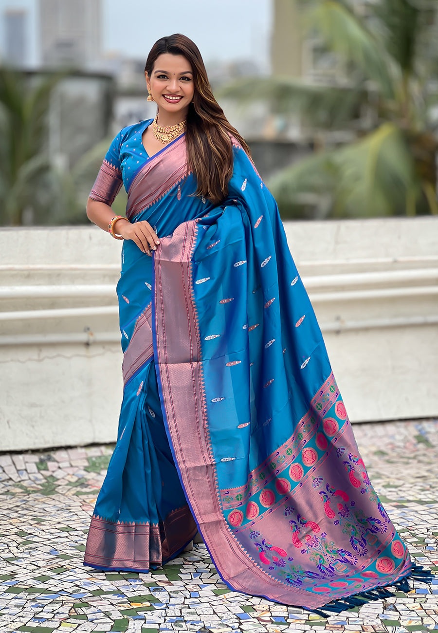 Blue dual zari woven yeola traditional paithani silk saree