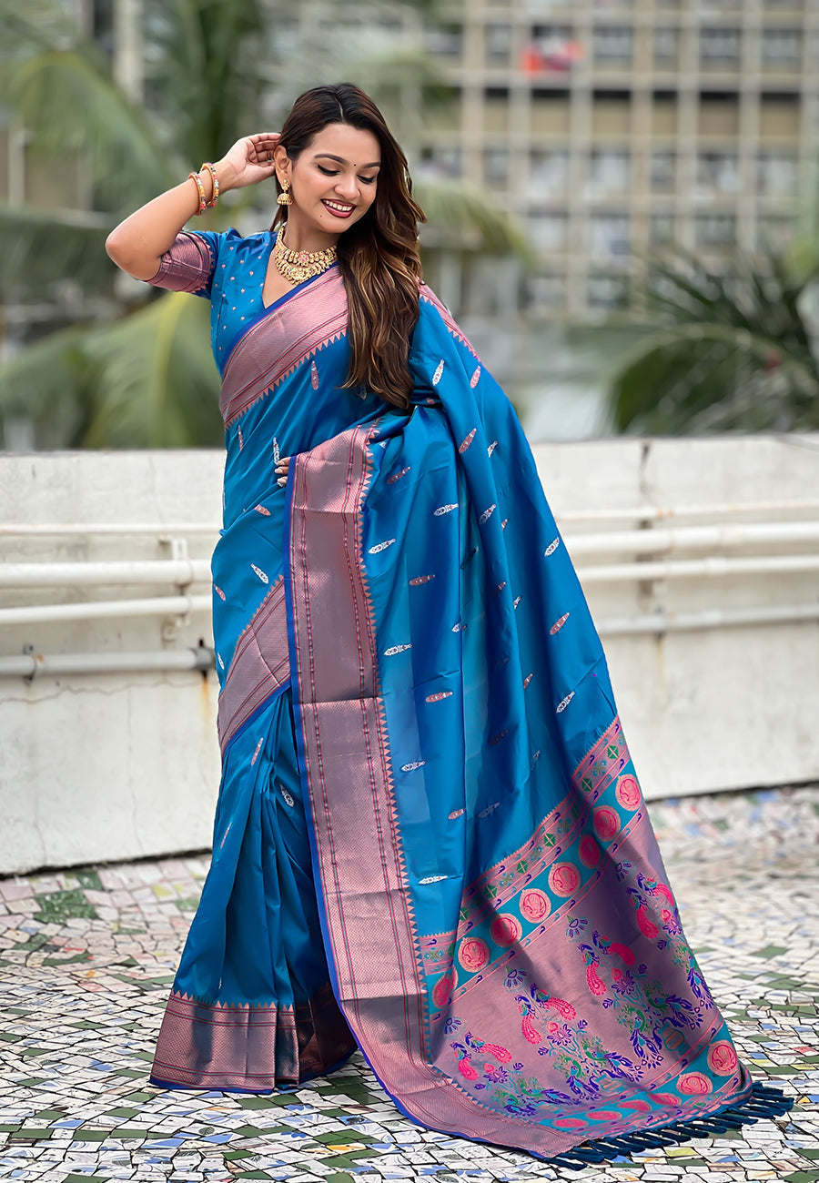 Blue dual zari woven yeola traditional paithani silk saree