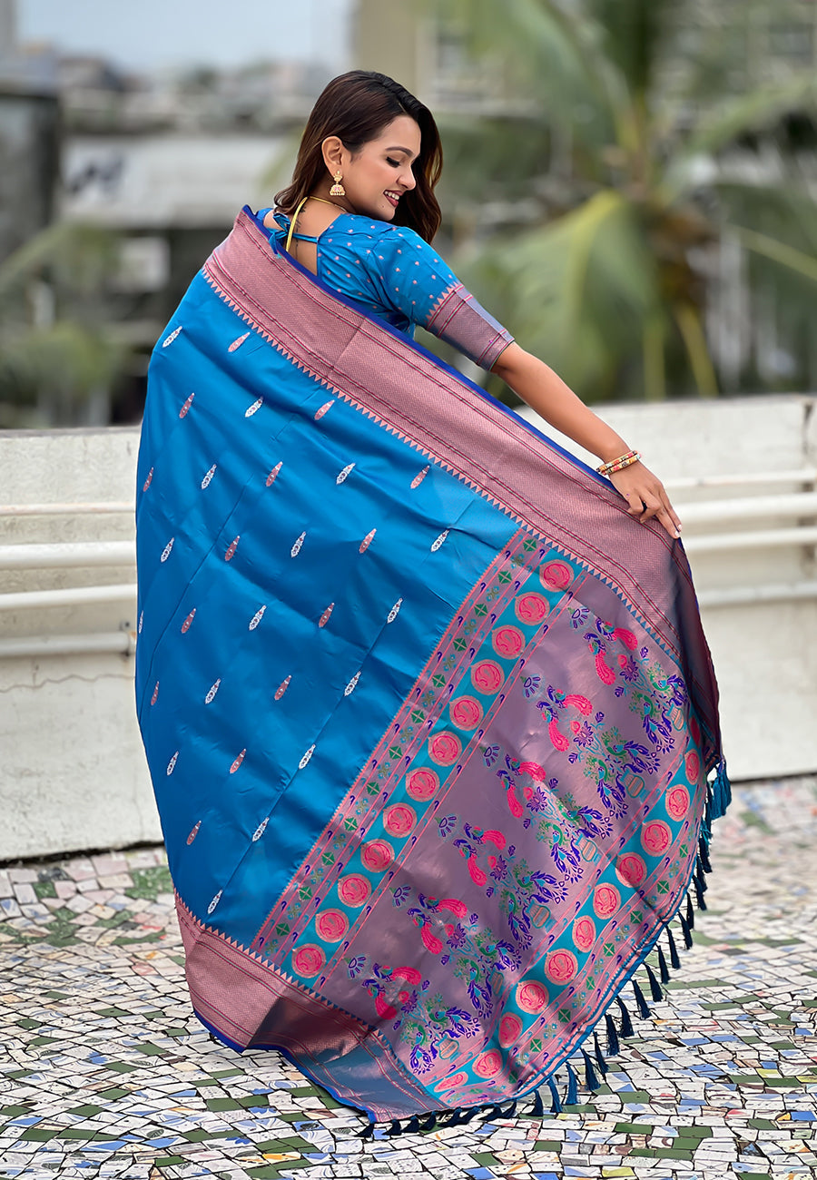 Blue dual zari woven yeola traditional paithani silk saree
