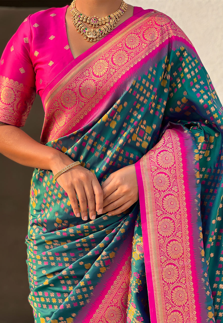 Green soft silk zari woven premium patola saree with contrast weaves