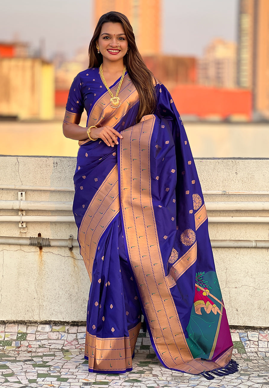 Violet zari woven gudi padwa special paithani silk saree