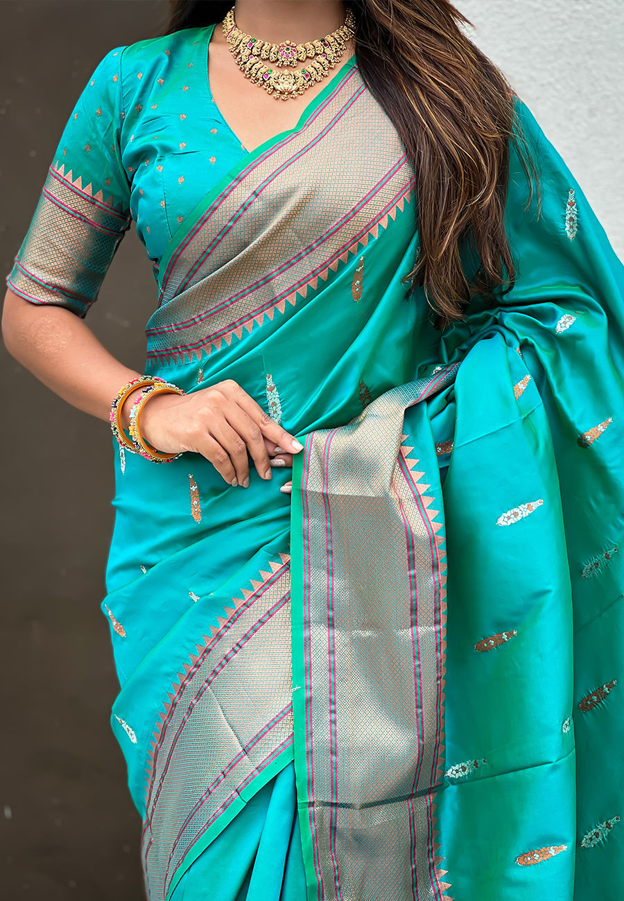 Aqua Blue Dual Zari Woven Yeola Traditional Paithani Silk Saree