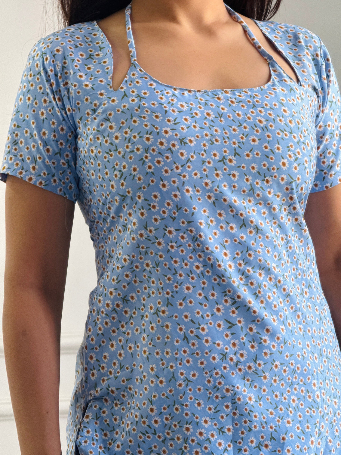 Soft blue ditsy floral multi wear tunic adjustable fit