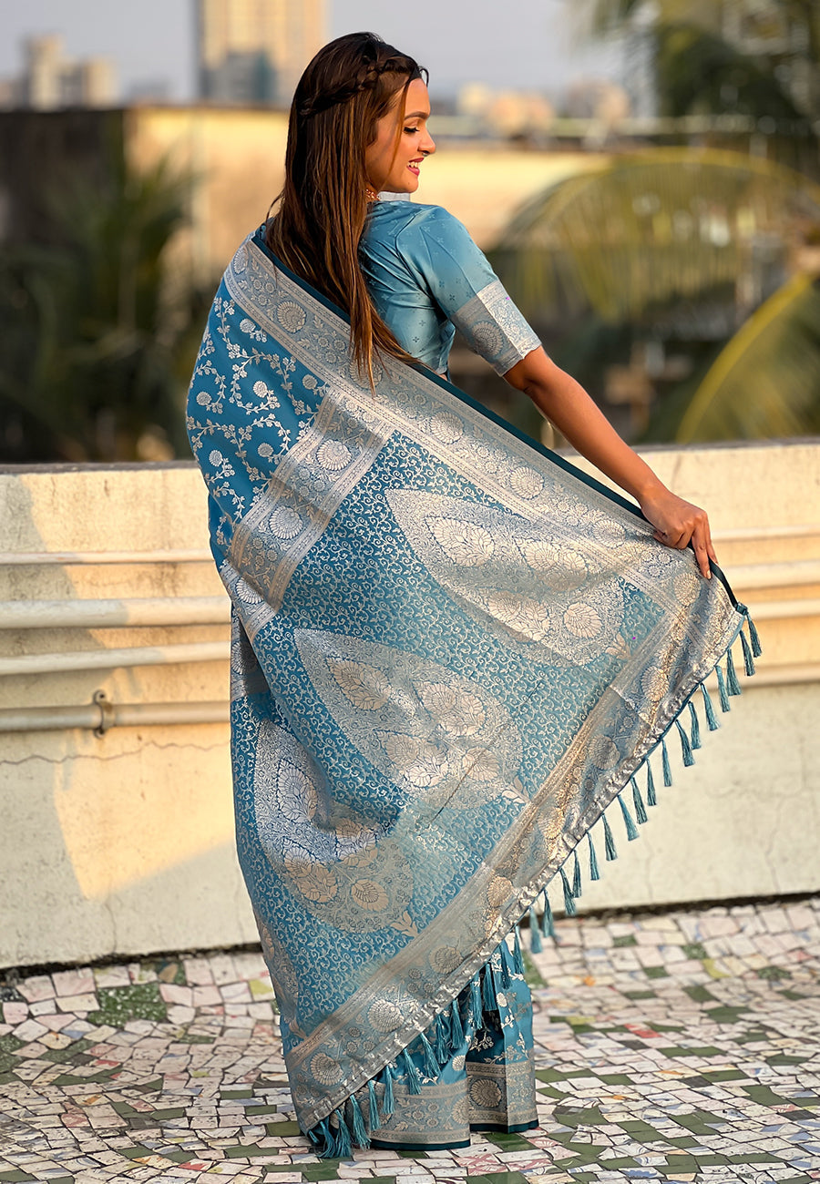 Butterfly blue banarasi jaal satin silk pink zari woven saree