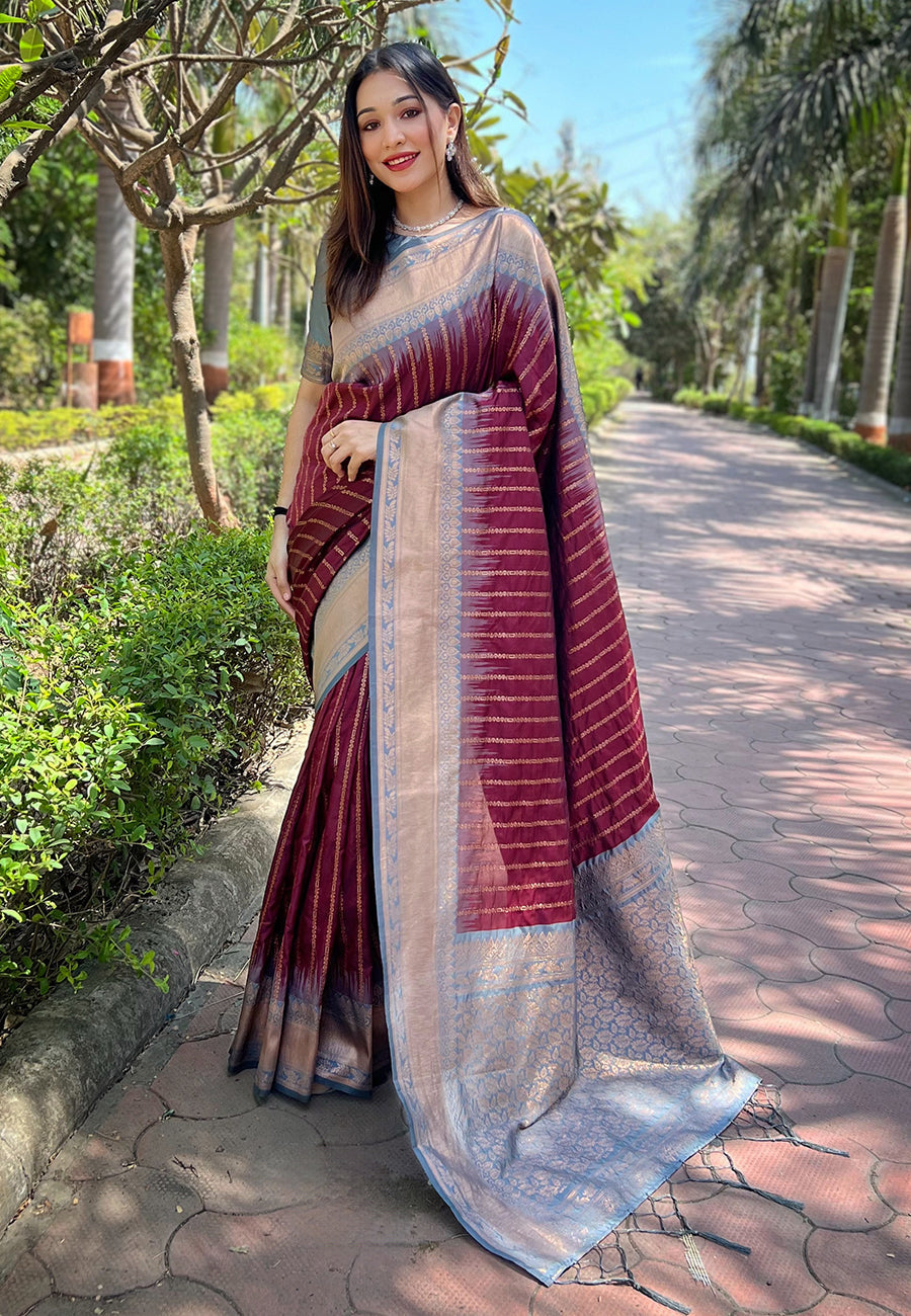 Brown soft silk floral border contrast zari woven saree